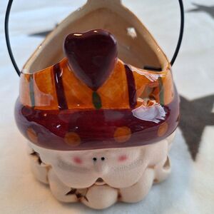 Crazy Mountain Ceramic Santa Candle Holder Metal Handle Country Christmas